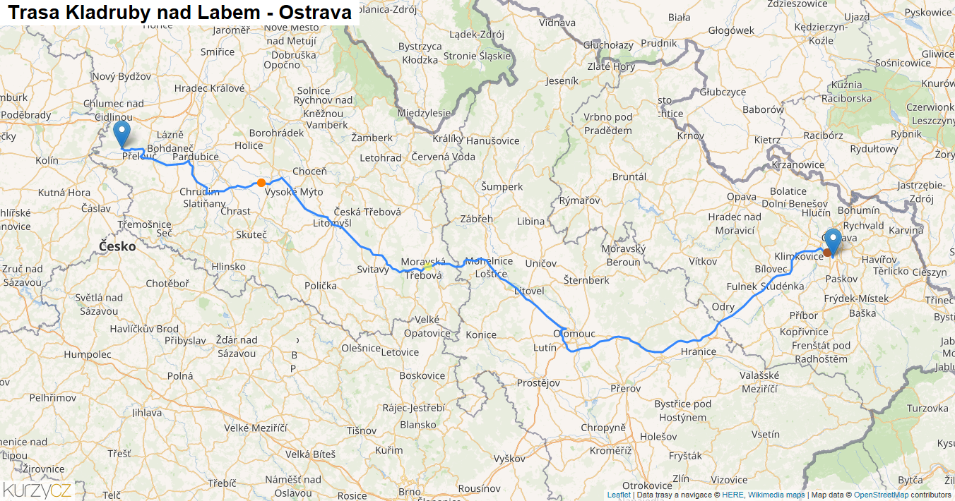 Kladruby nad Labem-Ostrava, mapa trasy