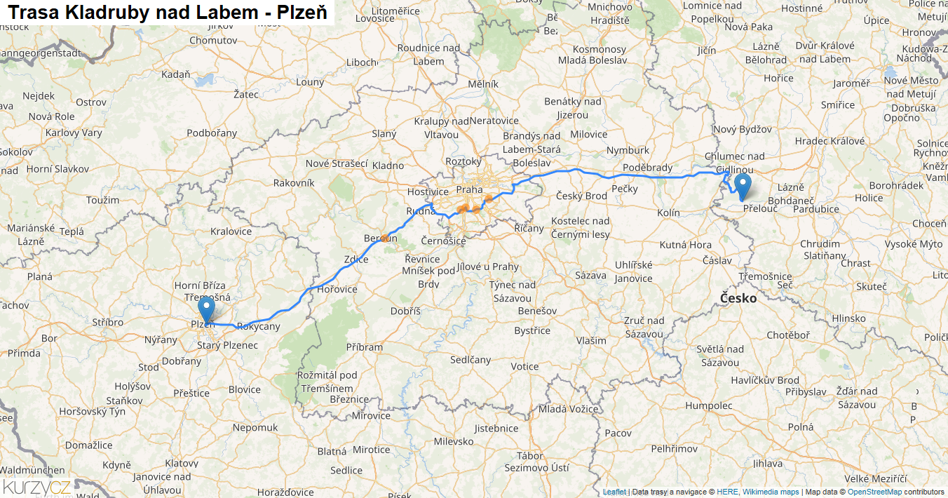 Kladruby nad Labem-Plzeň, mapa trasy