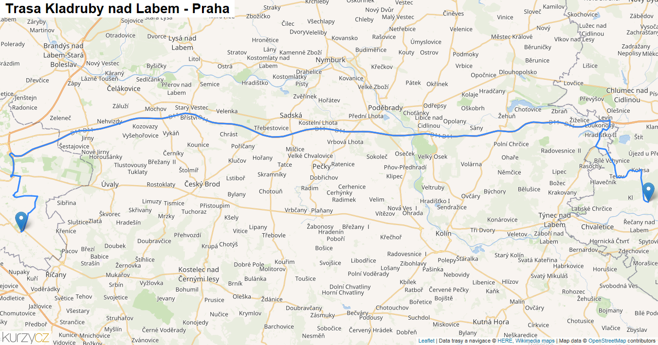 Kladruby nad Labem-Praha, mapa trasy