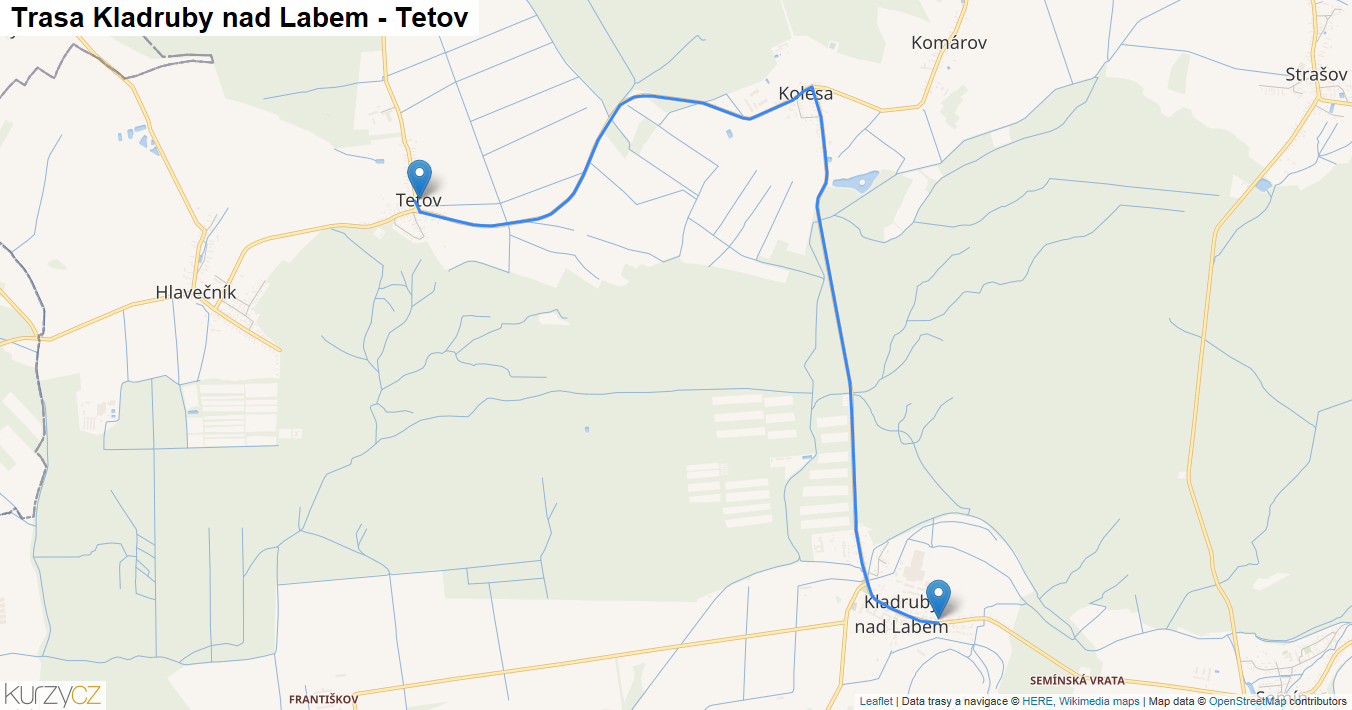 Kladruby nad Labem-Tetov, mapa trasy