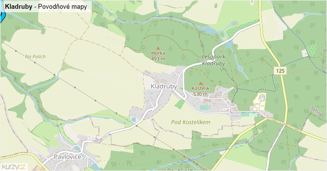 Kladruby - záplavové mapy stoleté vody