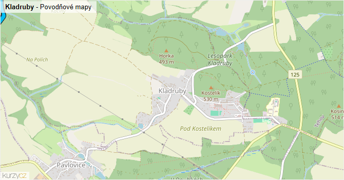Kladruby - záplavové mapy stoleté vody
