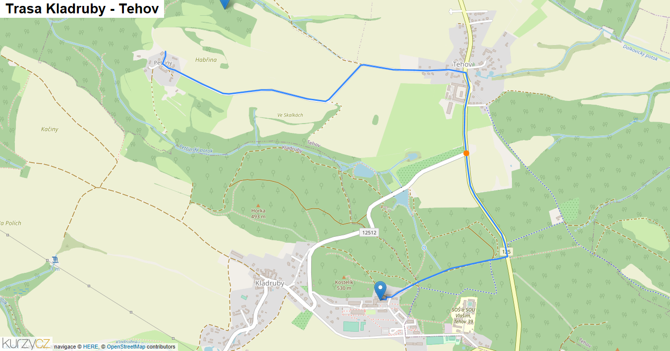 Kladruby-Tehov, mapa trasy