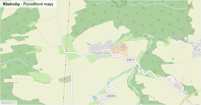 Kladruby - záplavové mapy stoleté vody