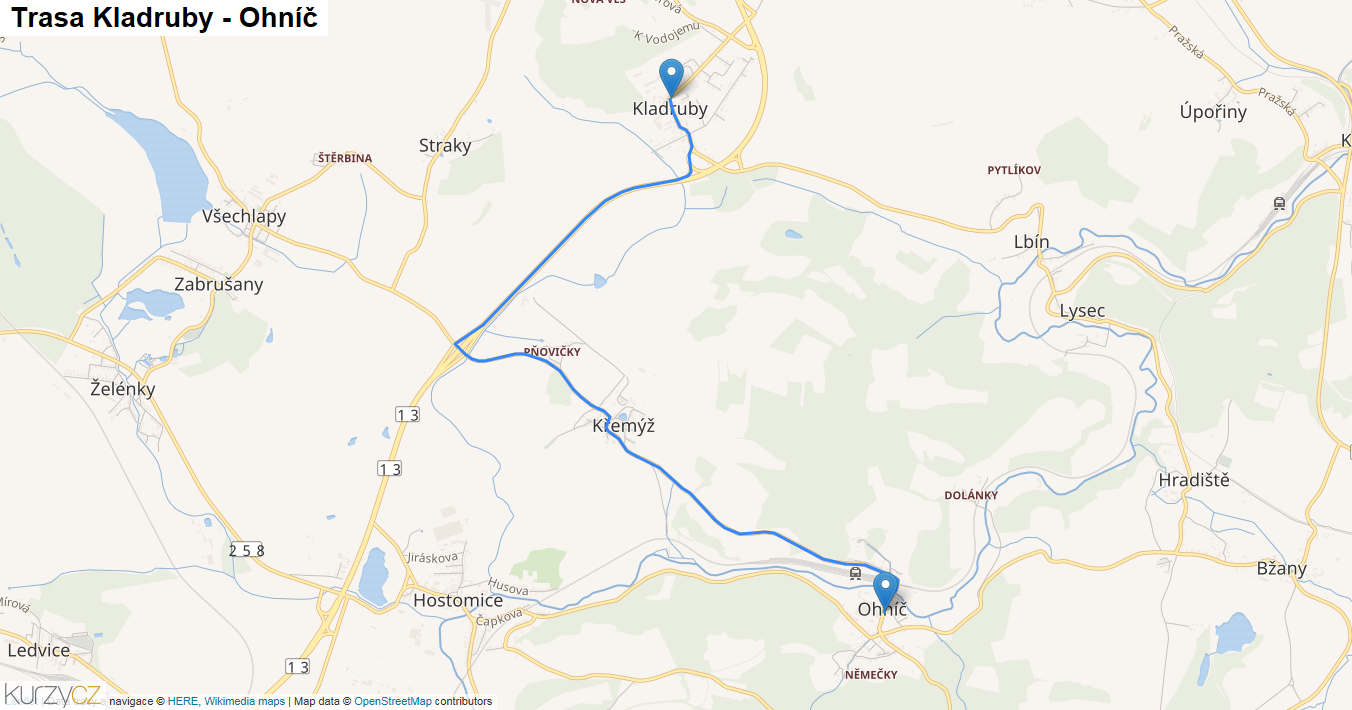 Kladruby-Ohníč, mapa trasy