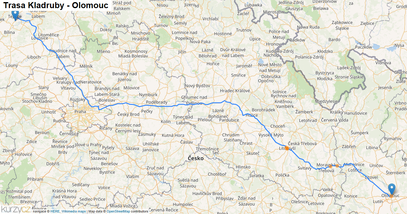 Kladruby-Olomouc, mapa trasy