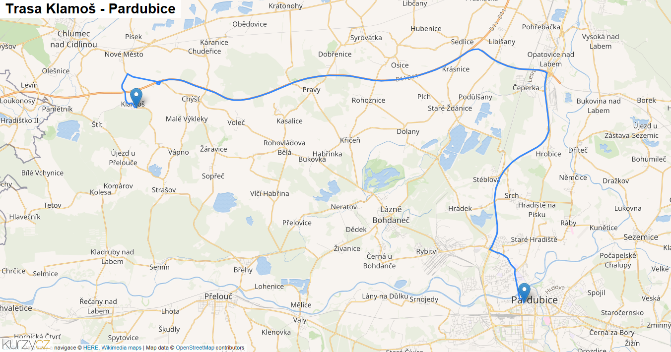 Klamoš-Pardubice, mapa trasy