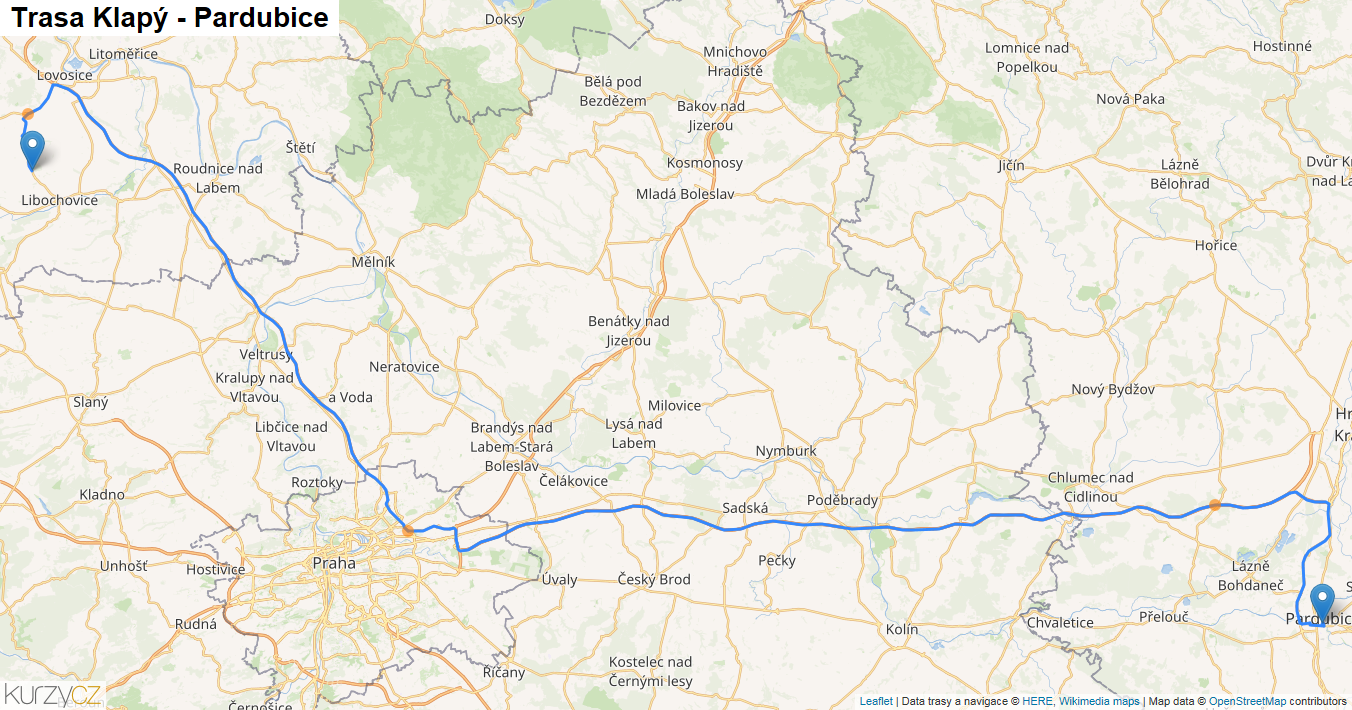 Klapý-Pardubice, mapa trasy