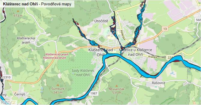 Klášterec nad Ohří - záplavové mapy stoleté vody