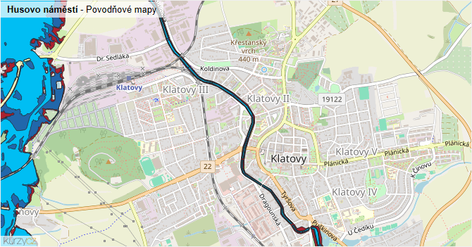 Husovo náměstí - záplavové mapy stoleté vody