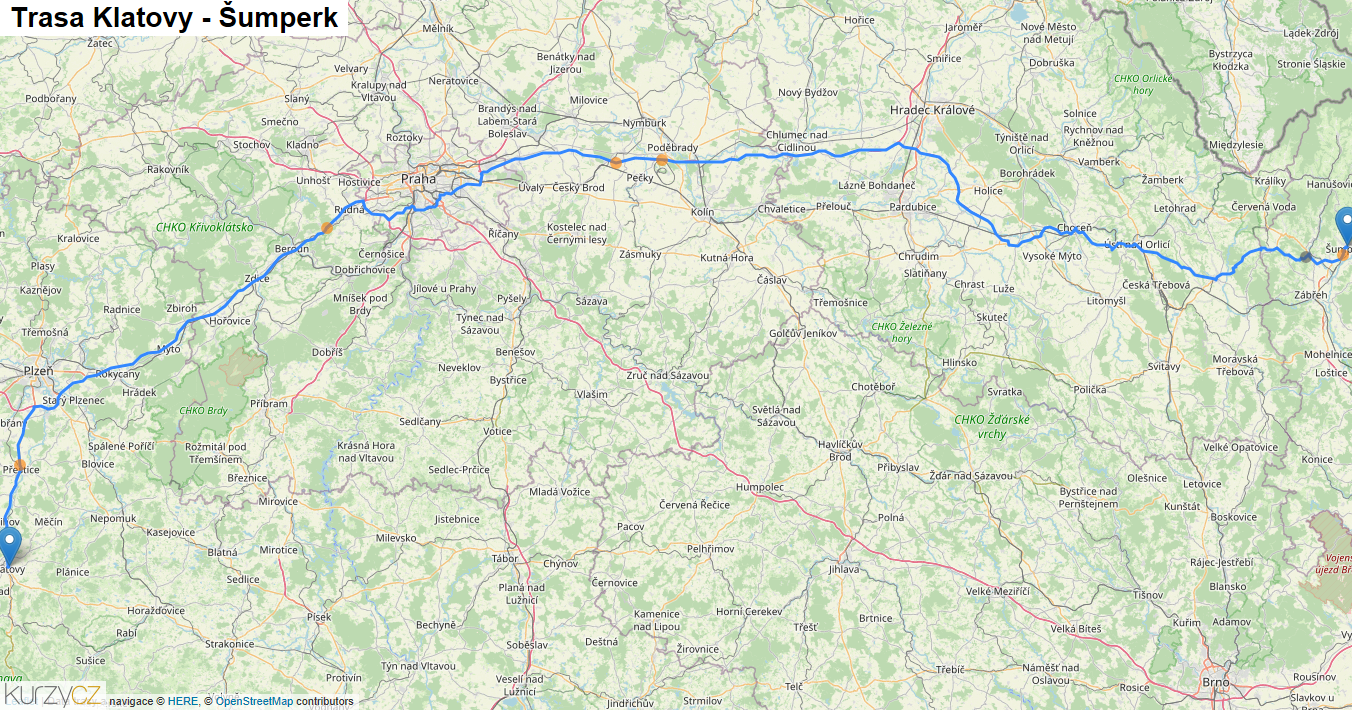 Klatovy-Šumperk, mapa trasy