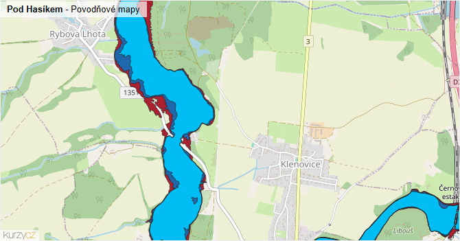 Pod Hasíkem - záplavové mapy stoleté vody