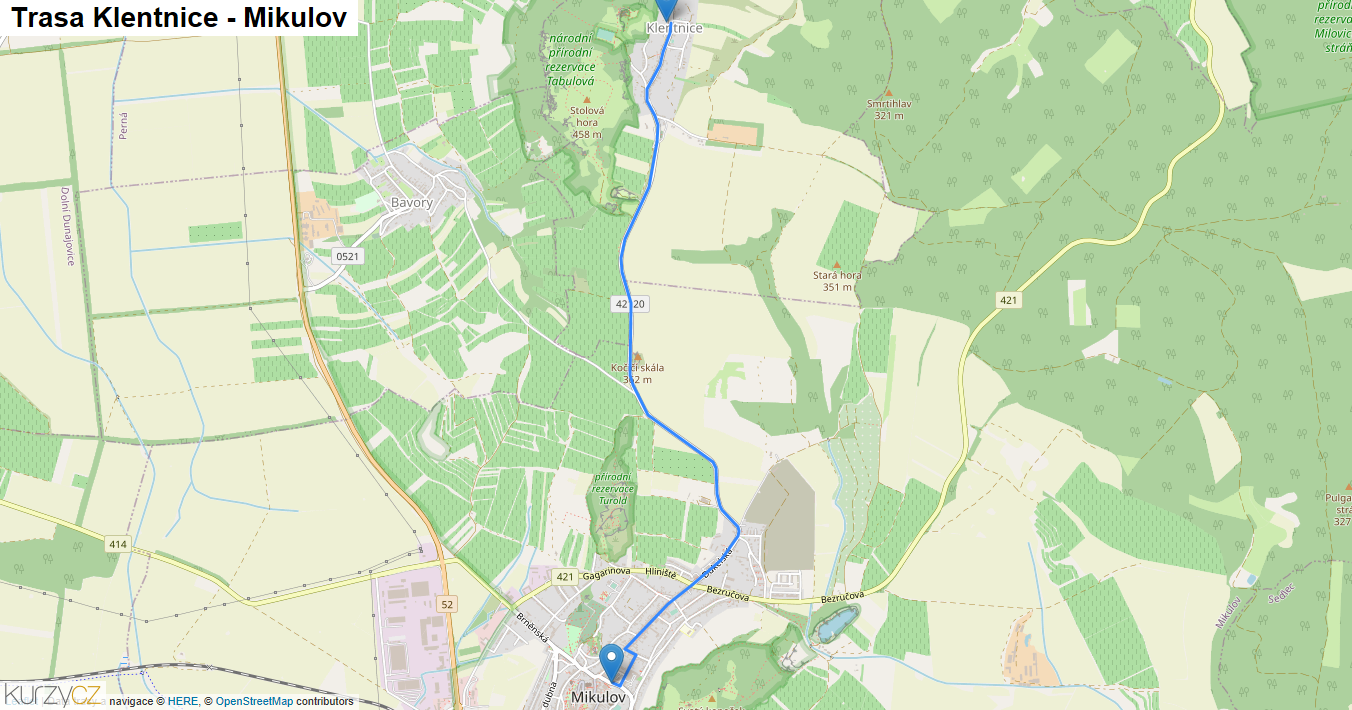 Klentnice-Mikulov, mapa trasy