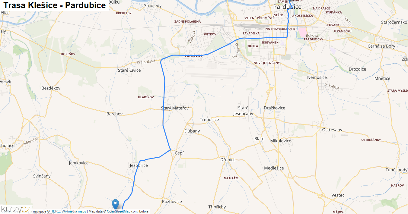 Klešice-Pardubice, mapa trasy