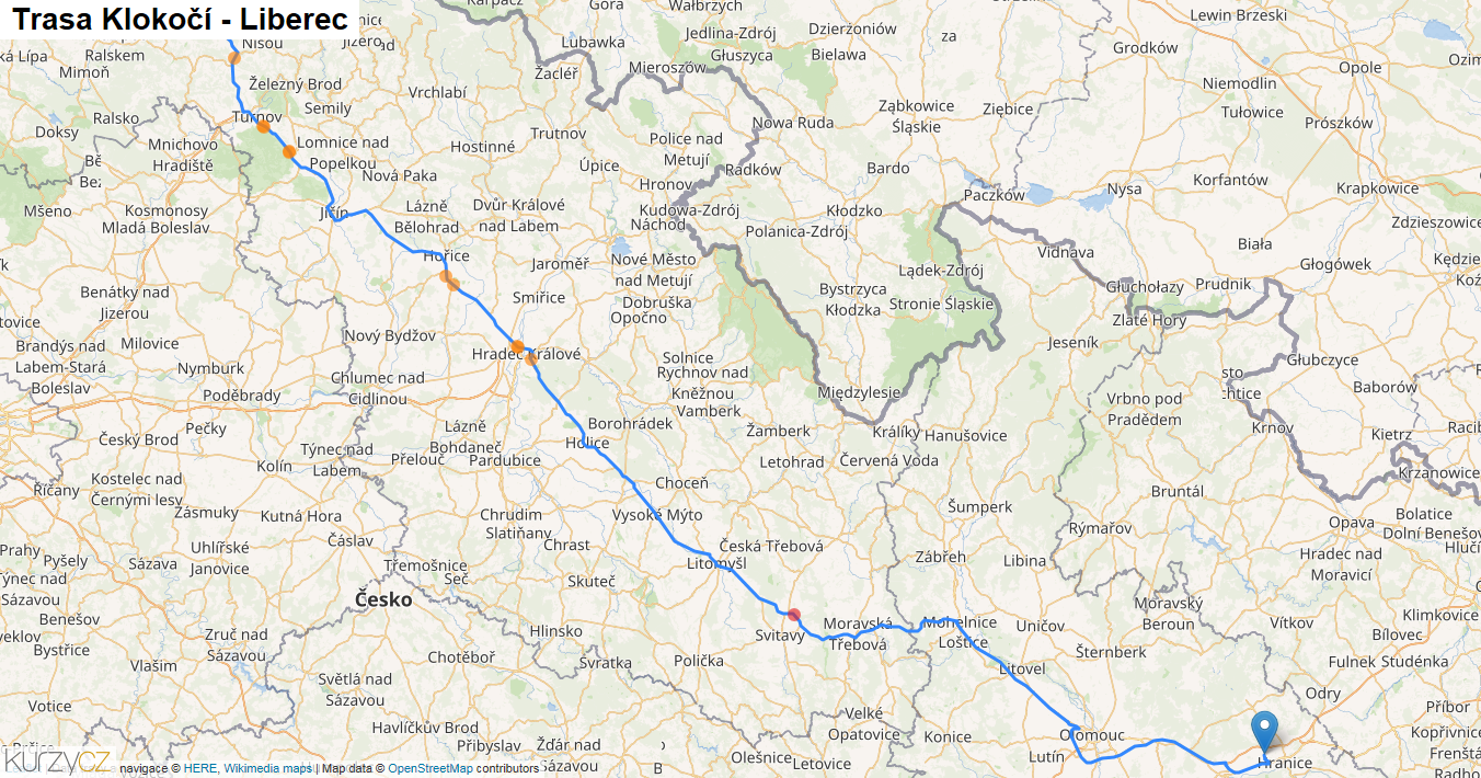 Klokočí-Liberec, mapa trasy