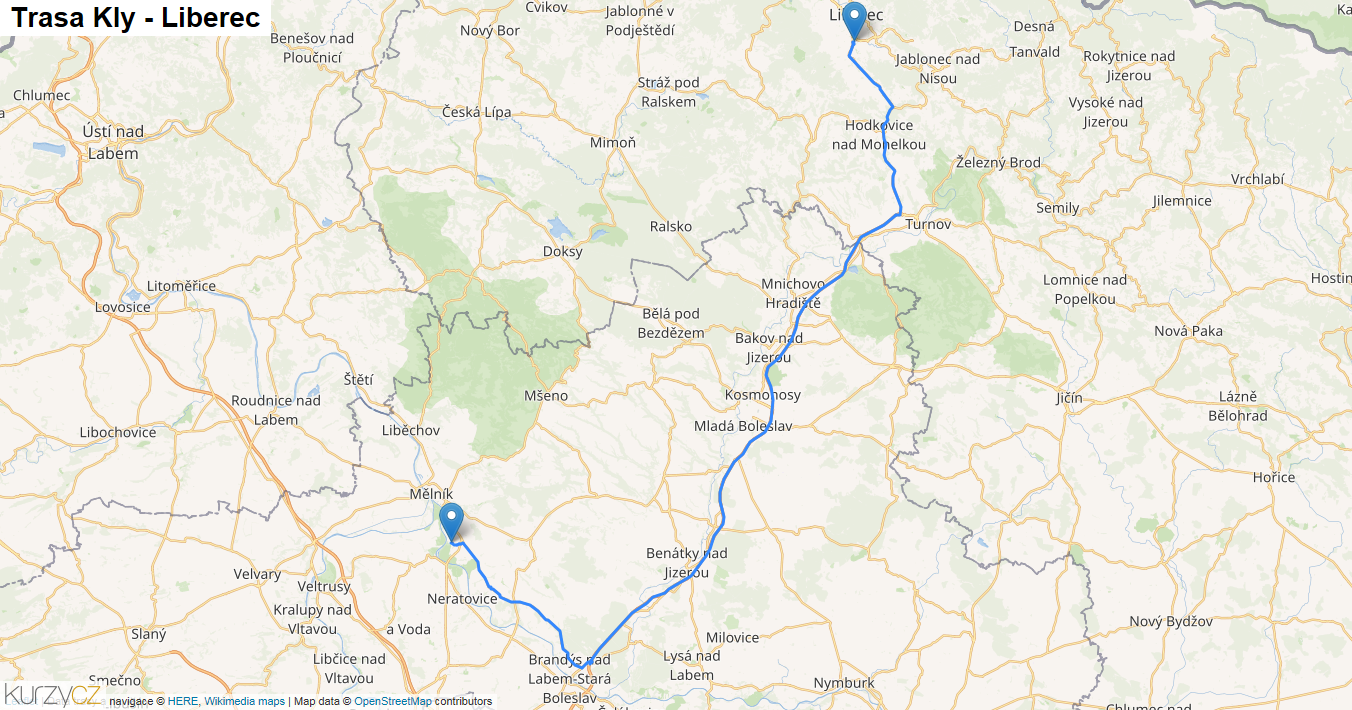 Kly-Liberec, mapa trasy