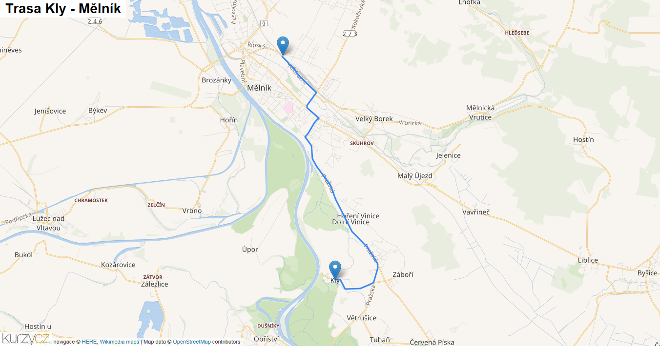 Kly-Mělník, mapa trasy