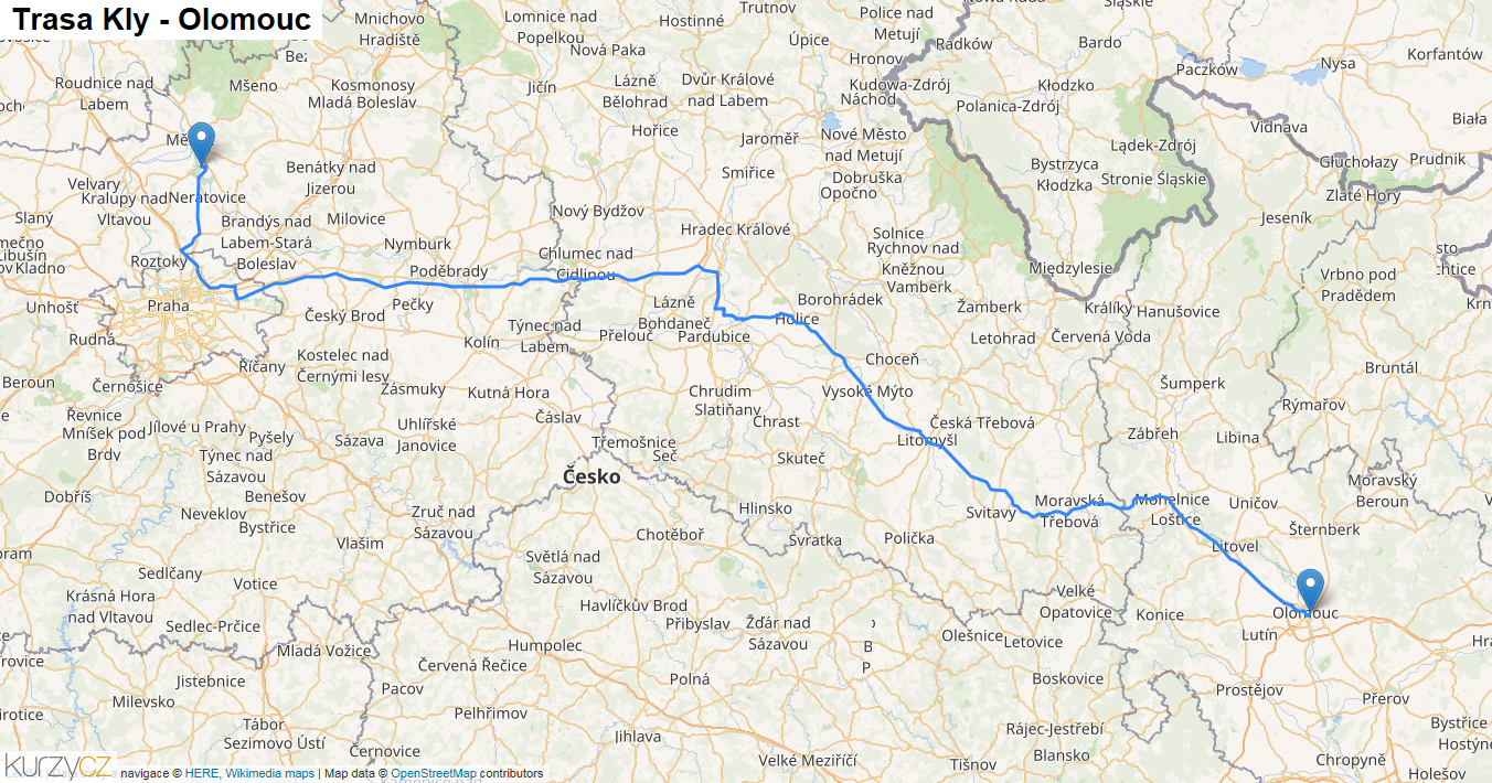 Kly-Olomouc, mapa trasy