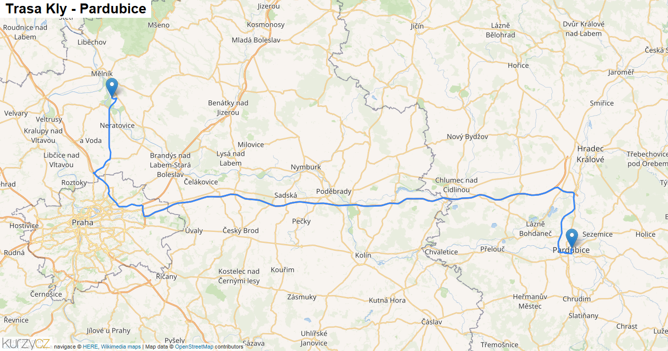 Kly-Pardubice, mapa trasy