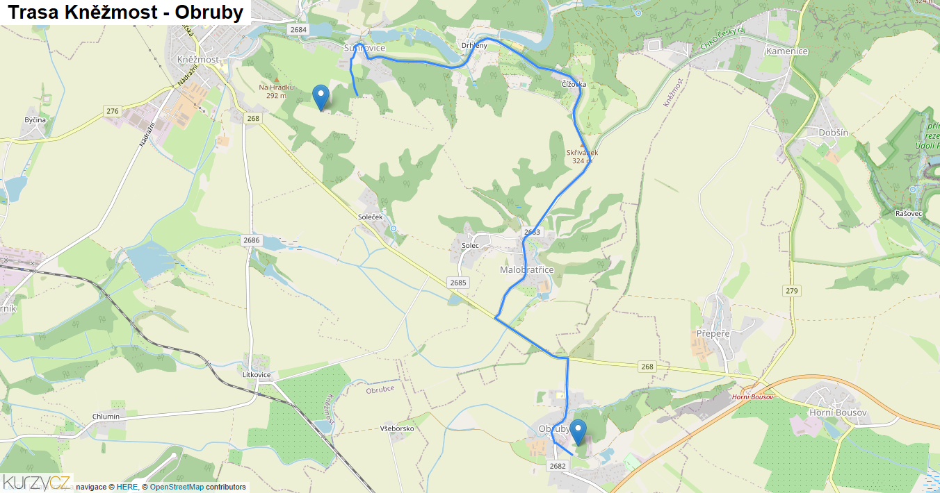 Kněžmost-Obruby, mapa trasy