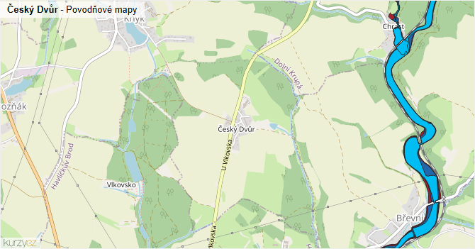 Český Dvůr - záplavové mapy stoleté vody