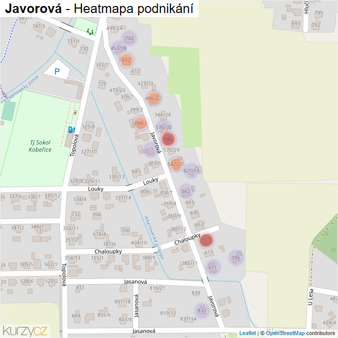Mapa Javorová - Firmy v ulici.