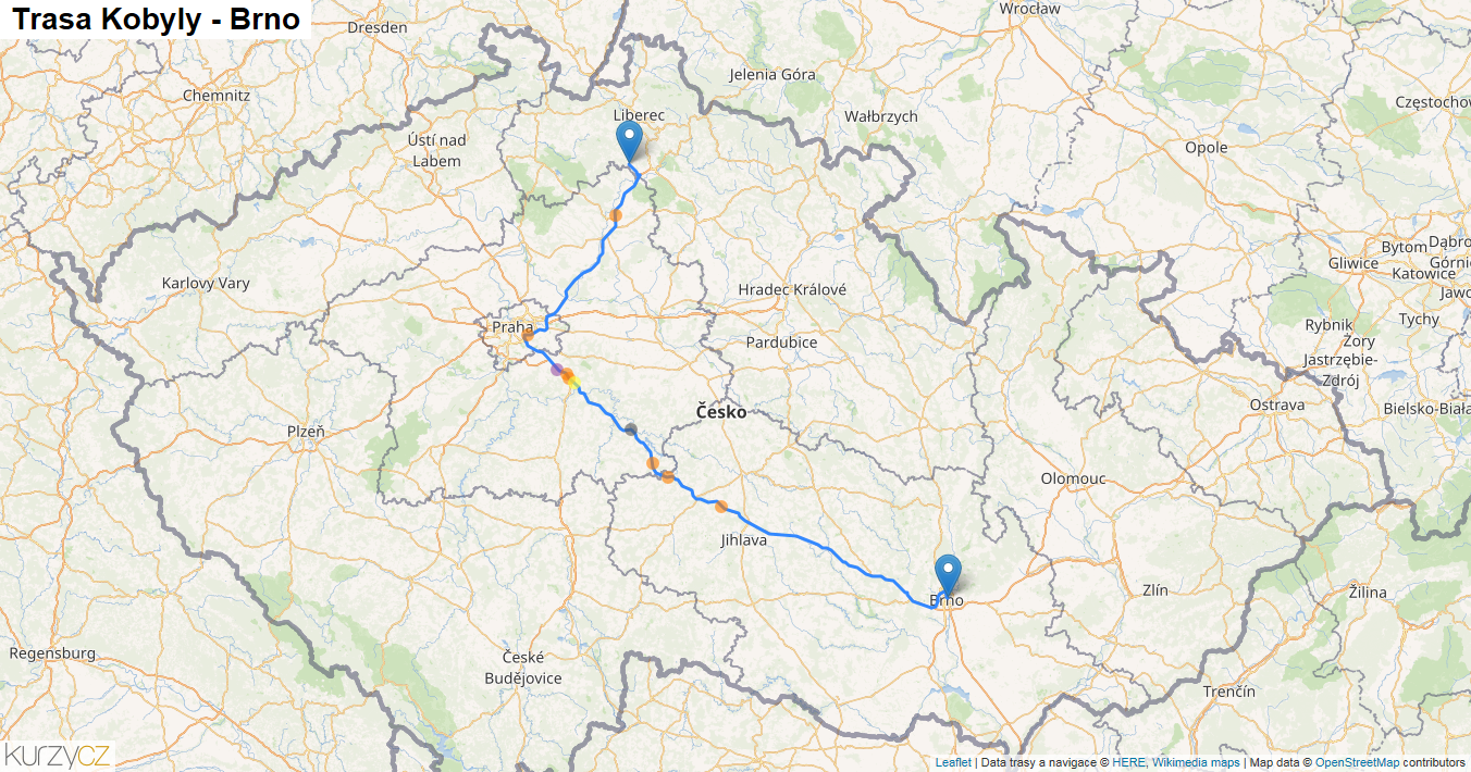 Kobyly-Brno, mapa trasy