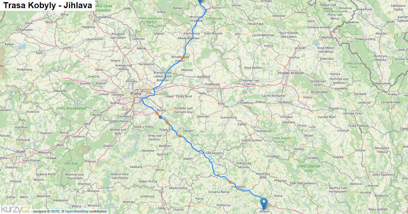 Kobyly-Jihlava, mapa trasy
