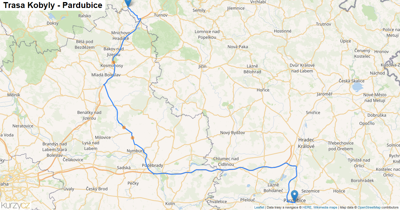 Kobyly-Pardubice, mapa trasy
