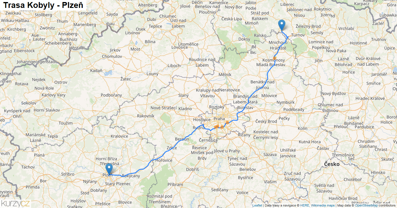 Kobyly-Plzeň, mapa trasy