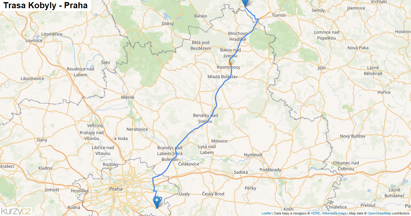 Kobyly-Praha, mapa trasy