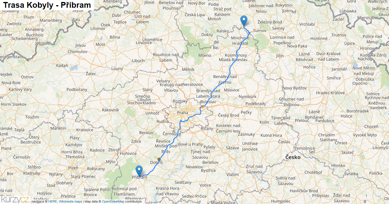 Kobyly-Příbram, mapa trasy