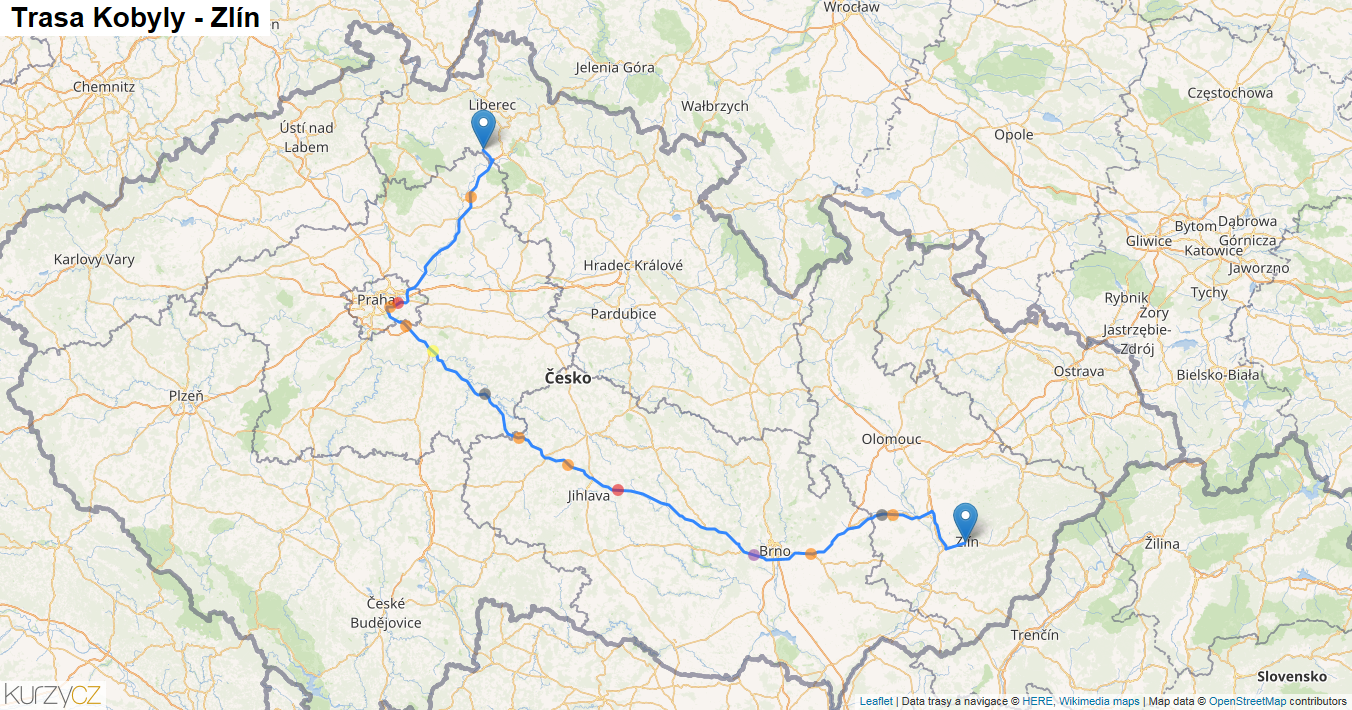 Kobyly-Zlín, mapa trasy