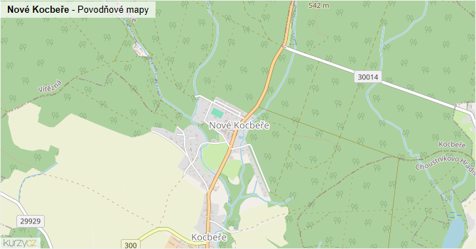 Nové Kocbeře - záplavové mapy stoleté vody
