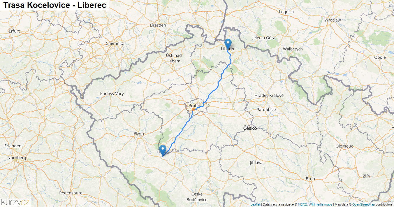 Kocelovice-Liberec, mapa trasy