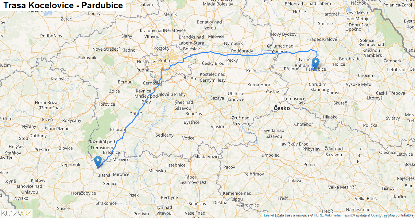 Kocelovice-Pardubice, mapa trasy
