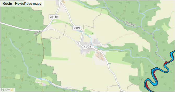 Kočín - záplavové mapy stoleté vody