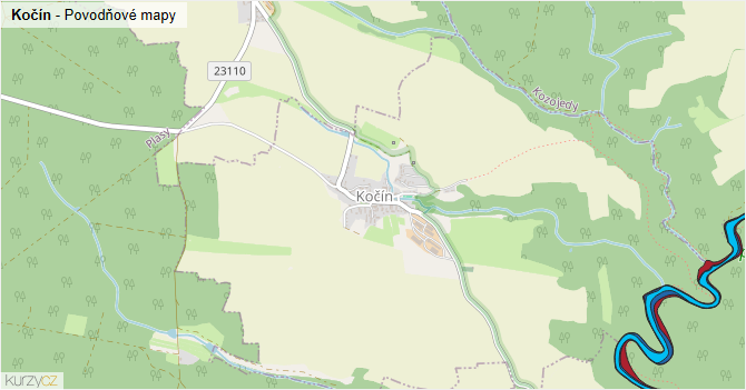 Kočín - záplavové mapy stoleté vody