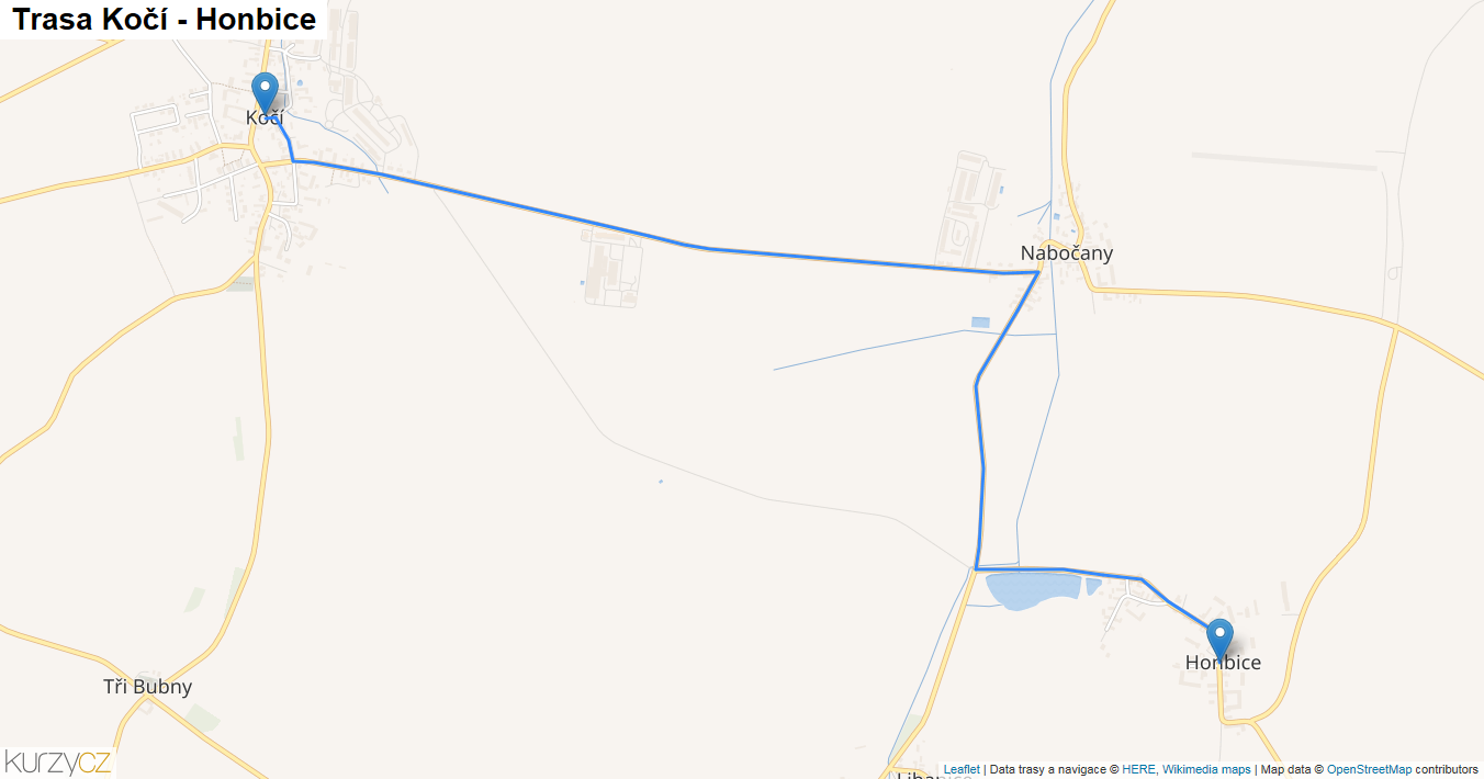 Kočí-Honbice, mapa trasy