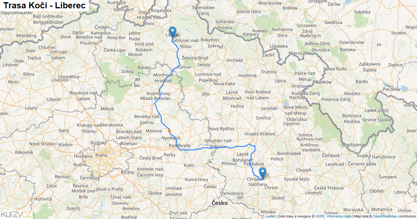 Kočí-Liberec, mapa trasy