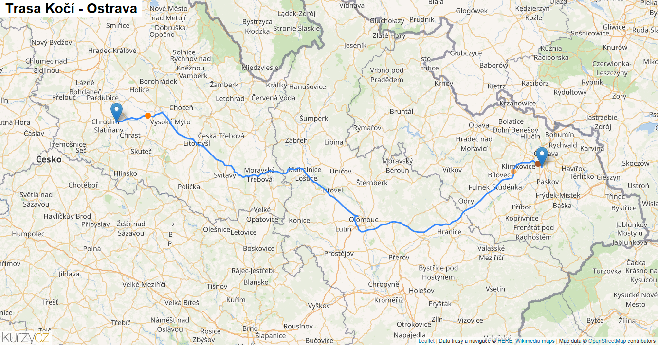 Kočí-Ostrava, mapa trasy