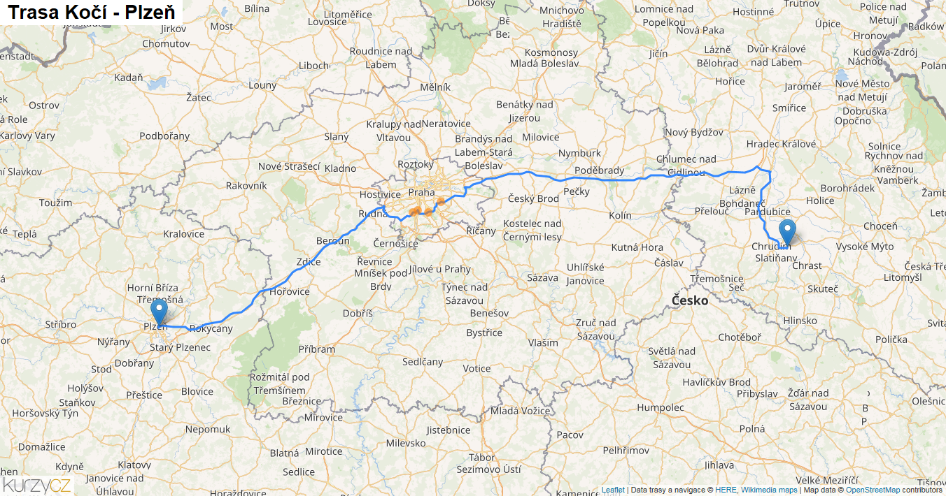 Kočí-Plzeň, mapa trasy