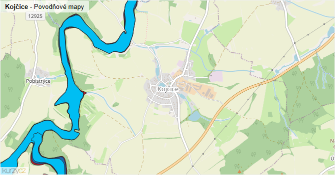 Kojčice - záplavové mapy stoleté vody