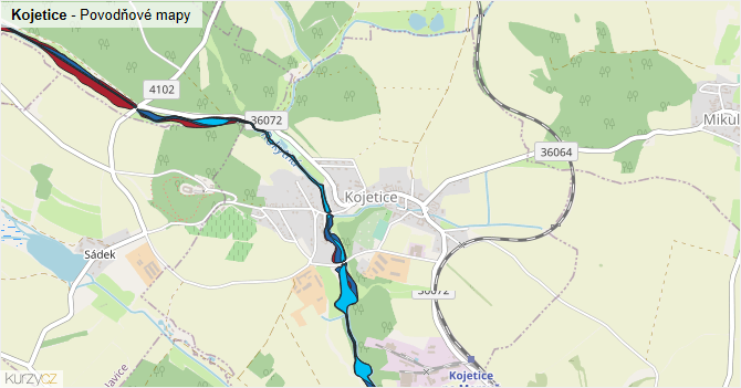 Kojetice - záplavové mapy stoleté vody