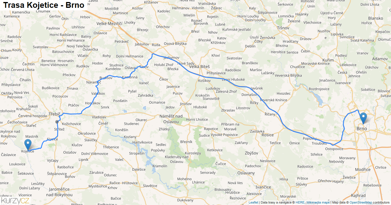 Kojetice-Brno, mapa trasy