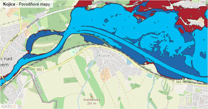 Kojice - záplavové mapy stoleté vody