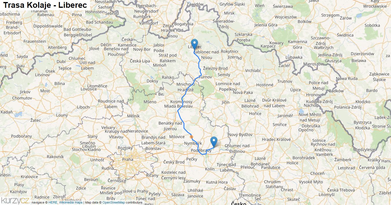 Kolaje-Liberec, mapa trasy