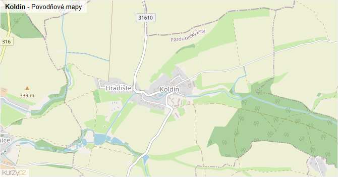 Koldín - záplavové mapy stoleté vody
