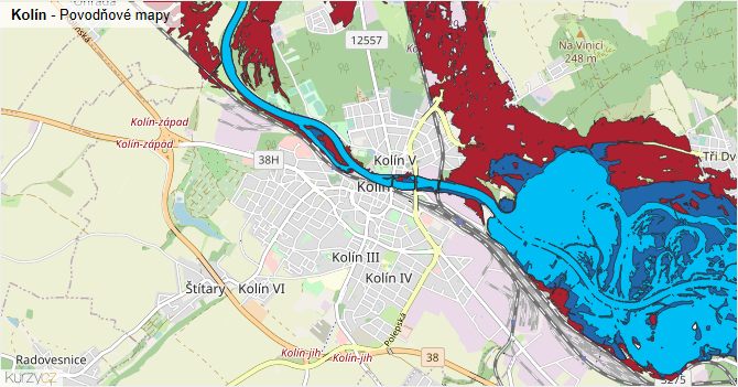 Kolín - záplavové mapy stoleté vody