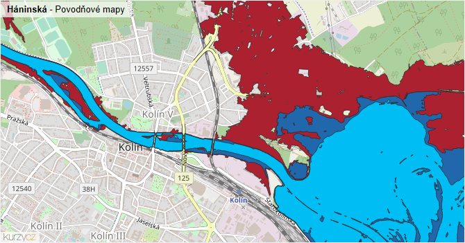 Háninská - záplavové mapy stoleté vody